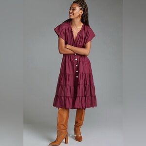 Anthropologie X Erika Peña Wine Color Tiered Midi Dress - One Size Fits Most